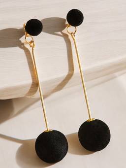 Fabula - Black Pom Pom Ear Jacket Fashion Drop Earrings