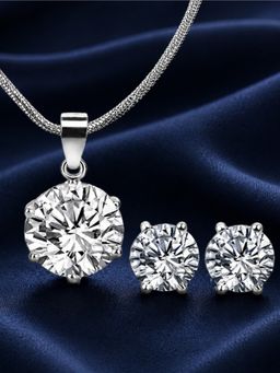 OOMPH - Silver Tone Cubic Zirconia Pendant Necklace with Stud Earrings