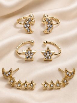 OOMPH - Gold Tone Crystal Small Star and Moon Ear Cuff Earrings