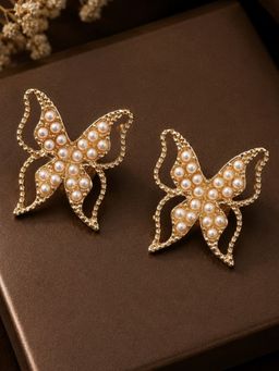 OOMPH - Gold Tone Pearl Butterfly shape Large Stud Earrings