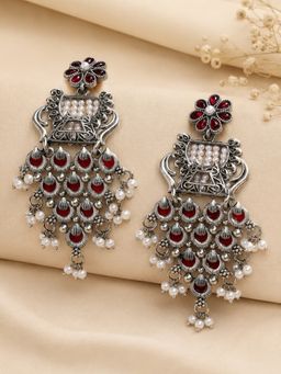 OOMPH - Oxidised Maroon Stones Ethnic Drop Earrings