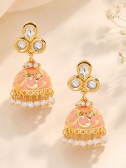OOMPH - Pink Meenakari Enamel with Kundan and Pearls Ethnic Jhumka