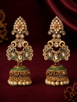 OOMPH - Green Meenakari Enamel Kundan Peacock Shape Jhumka Earrings