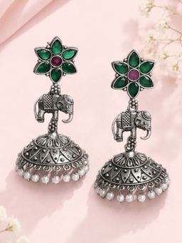 OOMPH - Oxidised Green Elephant Design Ethnic Jhumka Earrings