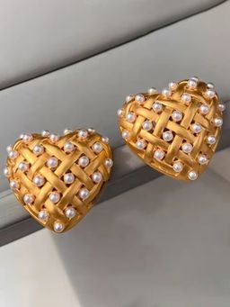 OOMPH - Gold Heart Large Studded with Pearls Earrings
