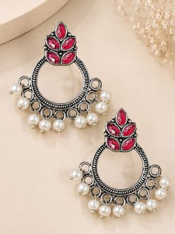 OOMPH - Oxidised Silver Ethnic Maroon Stone and Pearls Floral Design Drop Earrings