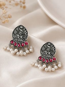 OOMPH - Oxidised Silver Small Leaf Design Drop Earrings