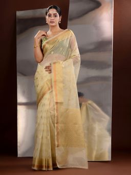 CHARUKRITI - Off White Organza Zari Handwoven Saree with Unstitched Blouse