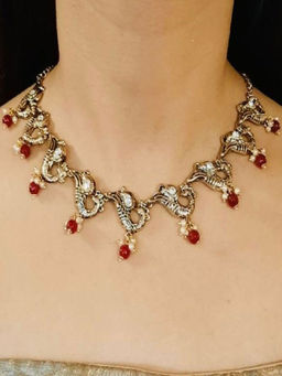 Estele - Gold Plated Antique Traditional Peacock Necklace Set with Glowing Pearls for Women