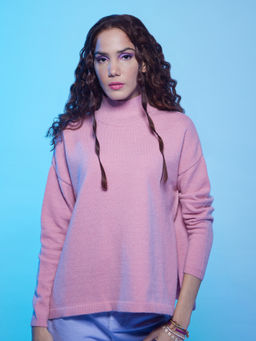 MIXT by Nykaa Fashion - Pink High Neck Slit Sweater