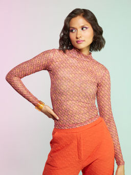 MIXT by Nykaa Fashion - Multicolor Geometric Printed High Neck Fitted Mesh Top