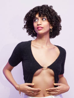 MIXT by Nykaa Fashion - Black Textured Plunge Crop Top