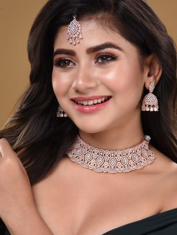 Saraf RS Jewellery - Rose Gold Plated White AD Studded Heavy Choker with Earring Maagtika (Set of 3)