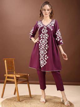 Tikhi Imli - Wine Thread Embroidered Alia Cut Co-Ord (Set of 2)