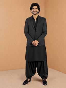 Vastramay - Men Black Solid/Plain Cotton Silk Kurta, Blazer, Patiala