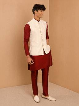 Vastramay - Men Maroon Embroidered Viscose Kurta, Nehru Jacket, Pant