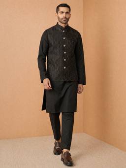Vastramay - Men Black Self Design Viscose Kurta, Nehru Jacket, Pant
