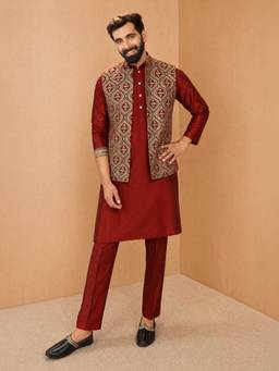 Vastramay - Men Maroon Embroidered Viscose Kurta, Nehru Jacket, Pant