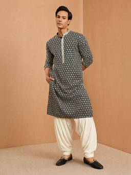 Vastramay - Men Black Embroidered Rayon Kurta with Patiala