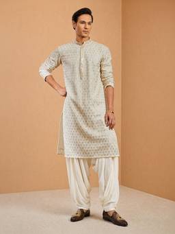 Vastramay - Men Off White Embroidered Rayon Kurta with Patiala