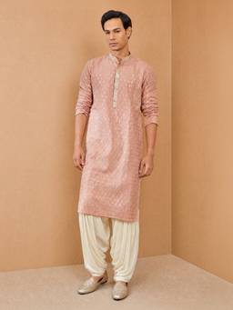 Vastramay - Men Peach Embroidered Rayon Kurta with Patiala