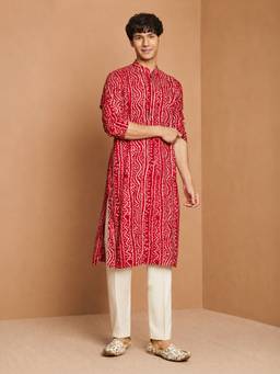 Vastramay - Men Red Printed Rayon Kurta with Pant