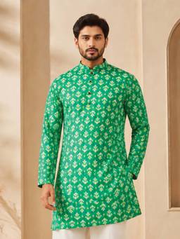 Vastramay - Men Green Printed Pure Cotton Kurta