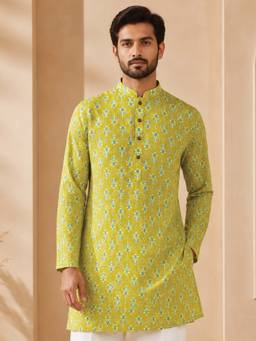 Vastramay - Men Olive Printed Pure Cotton Kurta