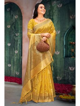 EXCLUSIVA - Yellow Organza Saree with Unstitched Blouse