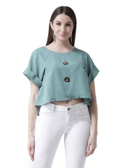KASSUALLY - Blue Solid Loose Crop Top
