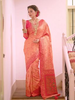 Odette - Peach Woven Patola Silk Saree with Unstitched Blouse