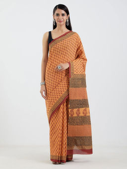 AUJJESSA - Mulmul Mustard and Black Handcrafted Saree without Blouse
