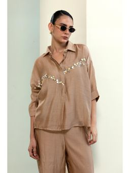 EEDA - Chanderi Silk Sequins Shirt With Slip - Beige