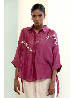 EEDA - Chanderi Silk Sequins Shirt With Slip - Purple
