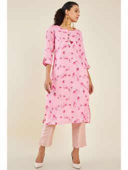 Soch - Women Pink Linen Printed Kurta