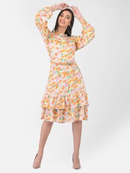 CRIMSOUNE CLUB - Women Pink Floral Ruffle Neck Dress