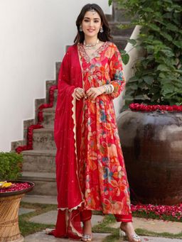 BLACK SCISSOR - Red Organza Embroidered Mirror Work Kurta with Pant and Dupatta (Set of 3)