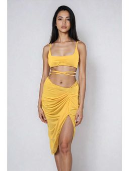 Trove Label - Golden Yellow Hour Drape Swim Top & Bikini With Coverup (Pack of 3)