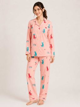 Shopbloom - Cute Llama Print Pink Long Sleeve Womens Nightsuit