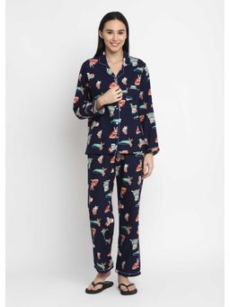Shopbloom - Dog And Cat Print Cotton Flannel Long Sleeve Womens Nightsuit
