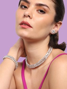 Sohi - Silver Plated White Stone Necklace with Earrings and Bracelet Set