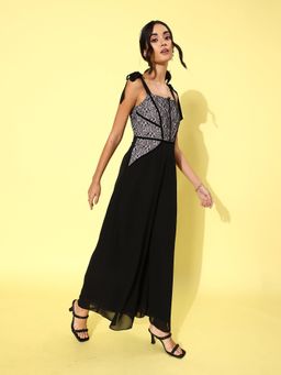 Miss Chase - Black & Pink Square Neck Sleeveless Self Design Lace Overlaid Regular Jumpsuit