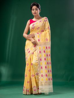 CHARUKRITI - Pale Yellow Cotton Silk Handwoven Soft Jamdani Saree without Blouse