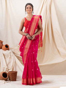 Angoshobha - Traditional Rani Pink Cotton Blended Handloom Saree with Unstitched Blouse