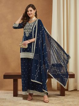 Gahan - Embroidered Navy Blue Georgette Kurta Palazzo & Dupatta