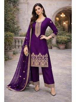 Gahan - Womens Purple Embroidered Straight Kurta With Pant & Dupatta
