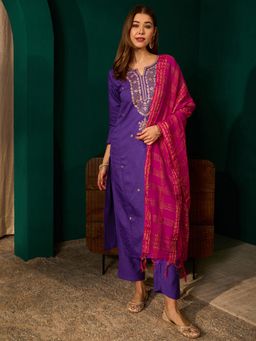 Gahan - Embroidered Kurta and Pant with Dupatta - Purple