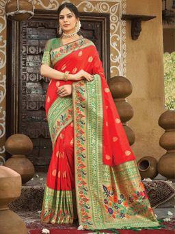 Odette - Womens Red Paithani Silk Woven Design Saree with Unstitched Blouse