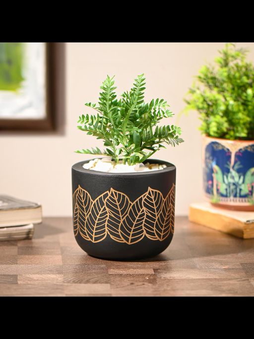 Gathari Matte Black Golden Leaves Table Planter