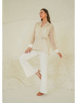 Ruhm - Ivory Grid Sheer Bustier with Top and Pant (Set of 3)